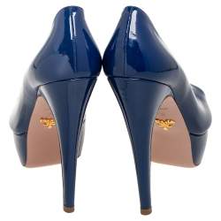 Pre Owned Prada Navy Blue Patent Leather Peep-Toe Platform Pumps Size 38.5