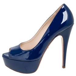Pre Owned Prada Navy Blue Patent Leather Peep-Toe Platform Pumps Size 38.5