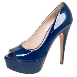Pre Owned Prada Navy Blue Patent Leather Peep-Toe Platform Pumps Size 38.5