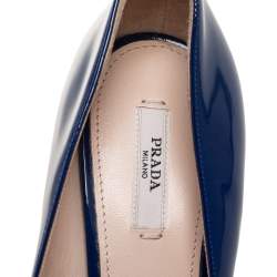 Pre Owned Prada Navy Blue Patent Leather Peep-Toe Platform Pumps Size 38.5