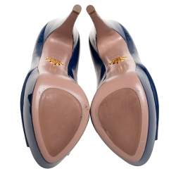 Pre Owned Prada Navy Blue Patent Leather Peep-Toe Platform Pumps Size 38.5