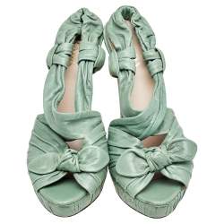 Prada Green Pleated Leather Bow Detail Slingback Platform Sandals Size 40