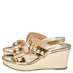 Pre Owned Prada Metallic Gold Leather Crystal Embellished Wedge Platform Slide Sandals Size 38
