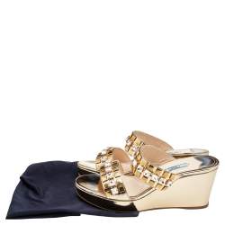 Pre Owned Prada Metallic Gold Leather Crystal Embellished Wedge Platform Slide Sandals Size 38