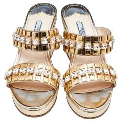 Pre Owned Prada Metallic Gold Leather Crystal Embellished Wedge Platform Slide Sandals Size 38