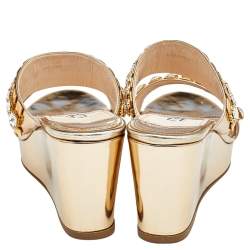 Pre Owned Prada Metallic Gold Leather Crystal Embellished Wedge Platform Slide Sandals Size 38