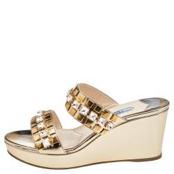 Pre Owned Prada Metallic Gold Leather Crystal Embellished Wedge Platform Slide Sandals Size 38