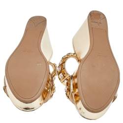 Pre Owned Prada Metallic Gold Leather Crystal Embellished Wedge Platform Slide Sandals Size 38