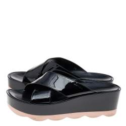 Pre Owned Prada Black Patent Leather Criss Cross Platform Slide Sandals Size 38