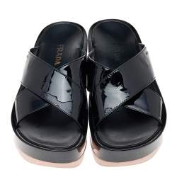 Pre Owned Prada Black Patent Leather Criss Cross Platform Slide Sandals Size 38