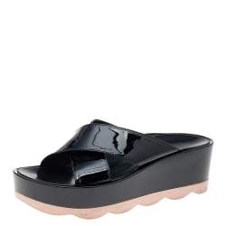 Pre Owned Prada Black Patent Leather Criss Cross Platform Slide Sandals Size 38