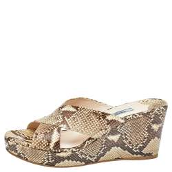 Pre Owned Prada Beige Python Wedge Platform Slide Sandals Size 39