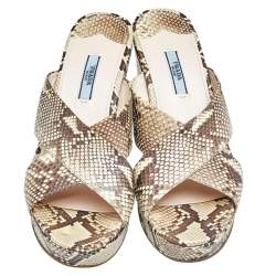 Pre Owned Prada Beige Python Wedge Platform Slide Sandals Size 39