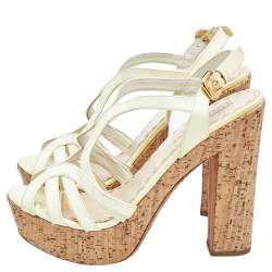 Prada Yellow Patent Leather Peep Toe Strappy Cork Platform Sandals Size 39