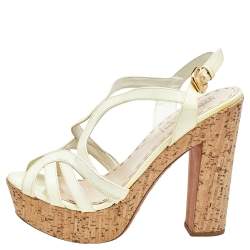 Prada Yellow Patent Leather Peep Toe Strappy Cork Platform Sandals Size 39