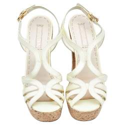 Prada Yellow Patent Leather Peep Toe Strappy Cork Platform Sandals Size 39