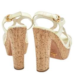 Prada Yellow Patent Leather Peep Toe Strappy Cork Platform Sandals Size 39
