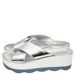 Pre Owned Prada Silver Patent Leather Criss Cross Platform Slide Sandals Size 38