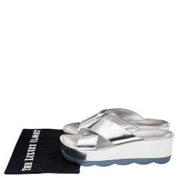 Pre Owned Prada Silver Patent Leather Criss Cross Platform Slide Sandals Size 38