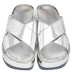 Pre Owned Prada Silver Patent Leather Criss Cross Platform Slide Sandals Size 38