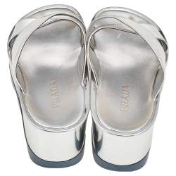 Pre Owned Prada Silver Patent Leather Criss Cross Platform Slide Sandals Size 38