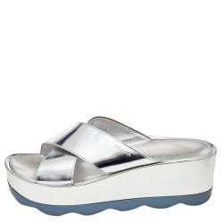 Pre Owned Prada Silver Patent Leather Criss Cross Platform Slide Sandals Size 38