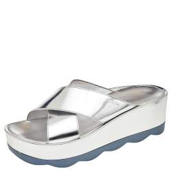 Pre Owned Prada Silver Patent Leather Criss Cross Platform Slide Sandals Size 38