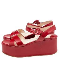 Pre Owned Prada Red Leather Ankle Strap Platform Wedge Sandals Size 38.5