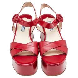 Pre Owned Prada Red Leather Ankle Strap Platform Wedge Sandals Size 38.5
