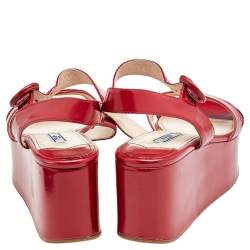 Pre Owned Prada Red Leather Ankle Strap Platform Wedge Sandals Size 38.5