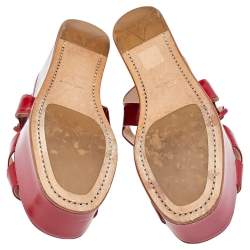 Pre Owned Prada Red Leather Ankle Strap Platform Wedge Sandals Size 38.5