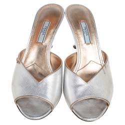 Prada Silver Leather Peep Toe Slide Sandals Size 39
