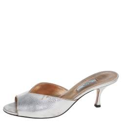 Prada Silver Leather Peep Toe Slide Sandals Size 39