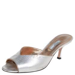 Prada Silver Leather Peep Toe Slide Sandals Size 39