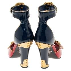 Pre Owned Prada Black/Red Patent Leather Buckle Ankle Strap Sandals Size 36