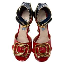 Pre Owned Prada Black/Red Patent Leather Buckle Ankle Strap Sandals Size 36