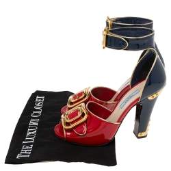 Pre Owned Prada Black/Red Patent Leather Buckle Ankle Strap Sandals Size 36
