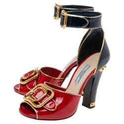 Pre Owned Prada Black/Red Patent Leather Buckle Ankle Strap Sandals Size 36
