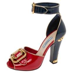 Pre Owned Prada Black/Red Patent Leather Buckle Ankle Strap Sandals Size 36