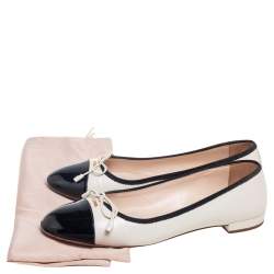 Pre Owned Prada Cream/Black Leather And Patent  Bow Cap Toe Ballet Flats Size 39.5