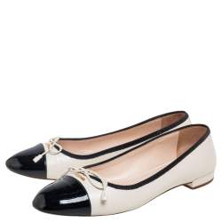 Pre Owned Prada Cream/Black Leather And Patent  Bow Cap Toe Ballet Flats Size 39.5