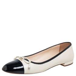 Pre Owned Prada Cream/Black Leather And Patent  Bow Cap Toe Ballet Flats Size 39.5