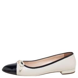 Pre Owned Prada Cream/Black Leather And Patent  Bow Cap Toe Ballet Flats Size 39.5
