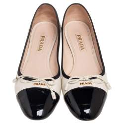Pre Owned Prada Cream/Black Leather And Patent  Bow Cap Toe Ballet Flats Size 39.5