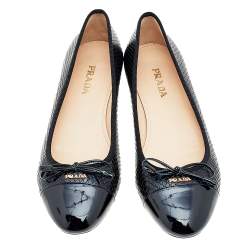 Pre Owned Prada Black Patent And Leather Cap Toe Bow Ballet Flats Size 40.5
