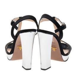 Pre Owned Prada Black/Silver Satin and Leather Ankle Strap Platform Sandals Size 39.5