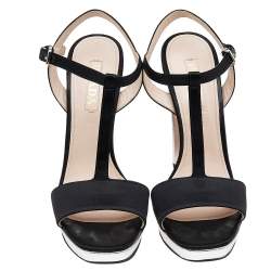 Pre Owned Prada Black/Silver Satin and Leather Ankle Strap Platform Sandals Size 39.5