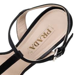 Pre Owned Prada Black/Silver Satin and Leather Ankle Strap Platform Sandals Size 39.5