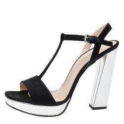 Pre Owned Prada Black/Silver Satin and Leather Ankle Strap Platform Sandals Size 39.5