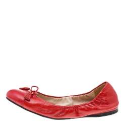 Pre Owned Prada Red Leather Bow Ballet Flats Size 40